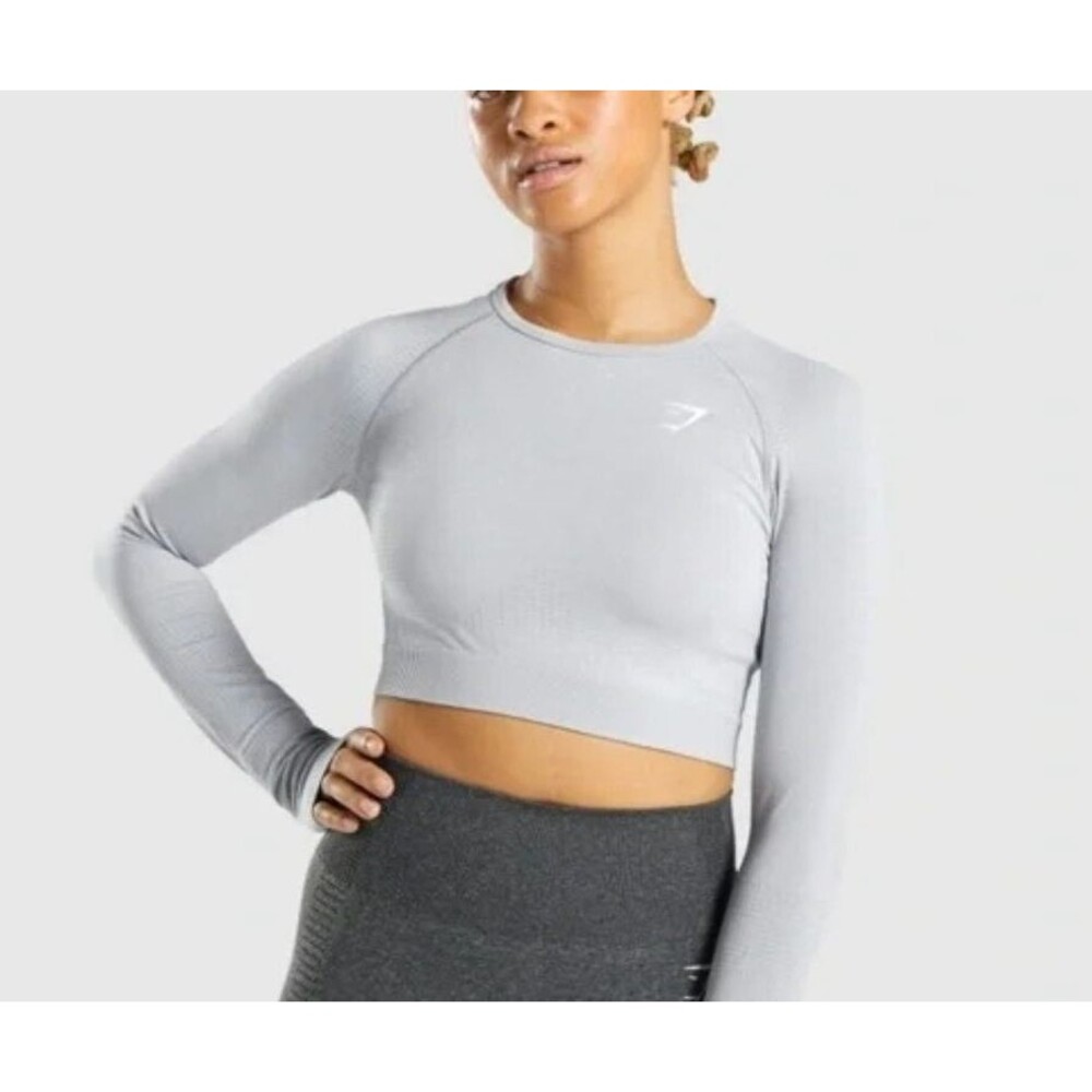Gymshark Women's Top Small Gray Vital Seamless 2.0 Long Sleeve Stretch Crop